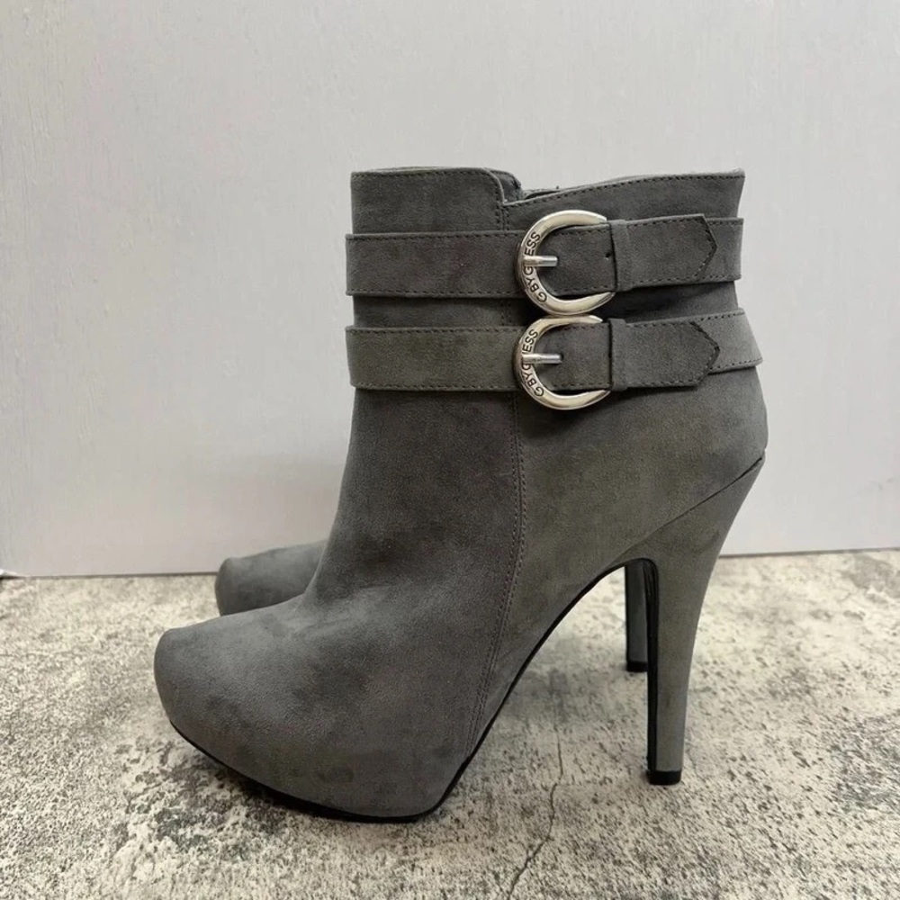 Women's Gray Suede Ankle Booties with Double Buckle - Picture 2 of 5